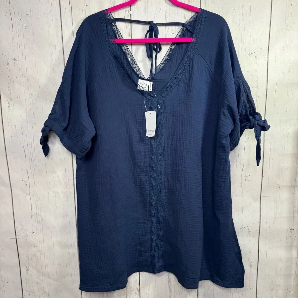Simple Suzanne Betro Navy Lace Tunic Top Blouse 1X Boho Cottagecore Coastal Chic